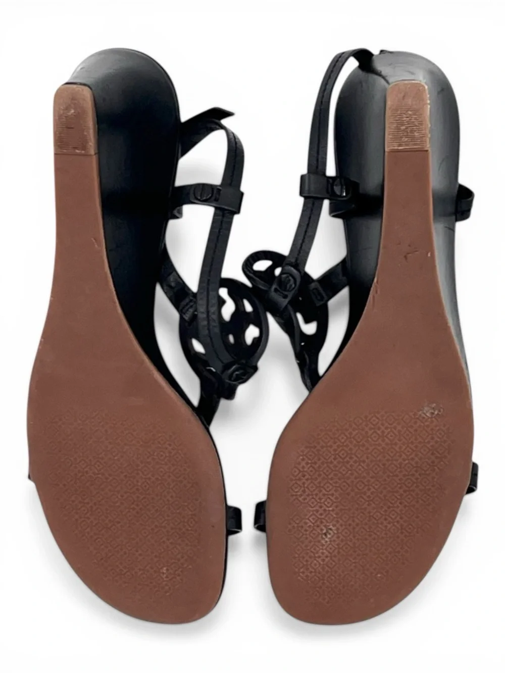 Tory Burch Miller Wedge Sandals Perfect Black Leather Logo T Strap Size 8